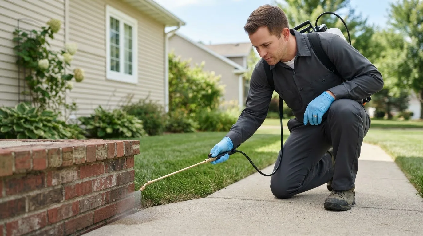 Pest control technician treating a home near Sheldon, MO