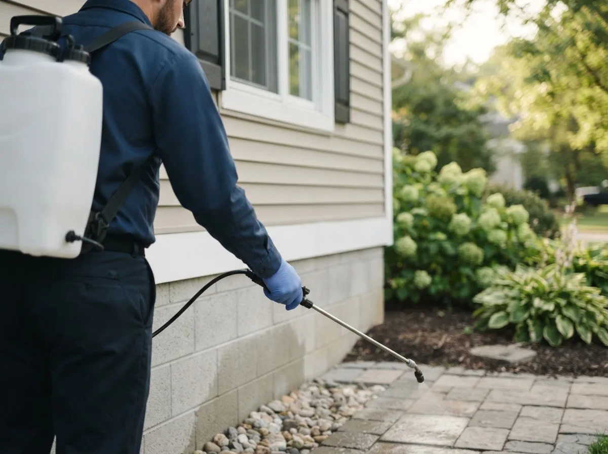 Pest control technician inspecting a home in Sheldon, MO